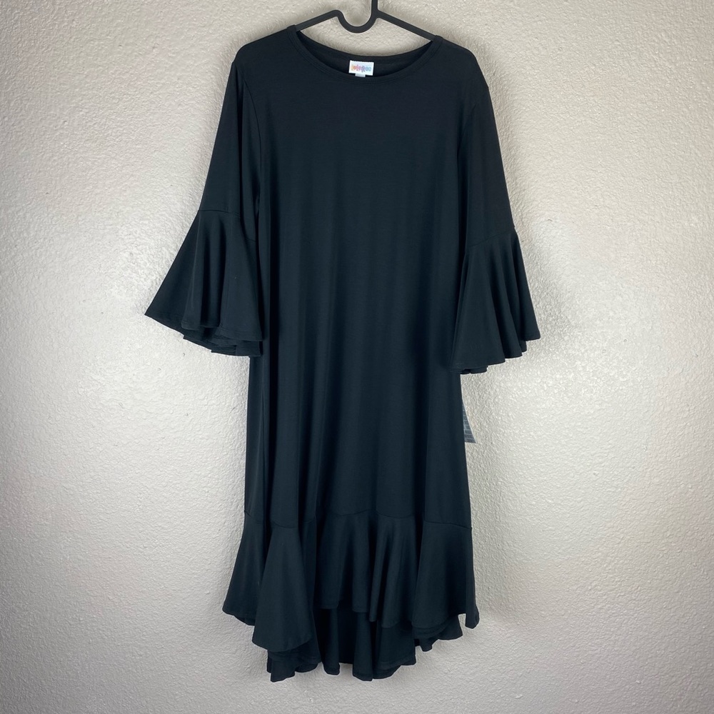 NWT Lularoe Maurine Black Ruffles Bell Sleeve Dress Large 10 12 14
